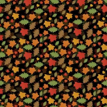 Seamless pattern autumn theme leaf fall from maple and oak leaves on black ba Stock Illustration