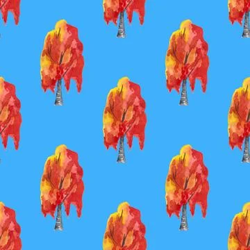 Seamless pattern of autumn trees, birch with red leaves on blue background Stock Illustration