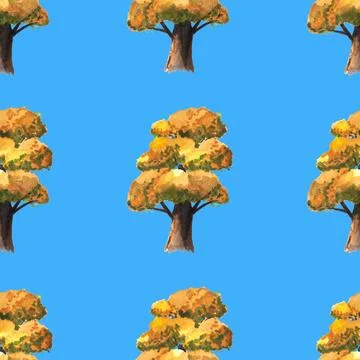 Seamless pattern of autumn trees, poplar with yellow leaves on blue background Stock Illustration