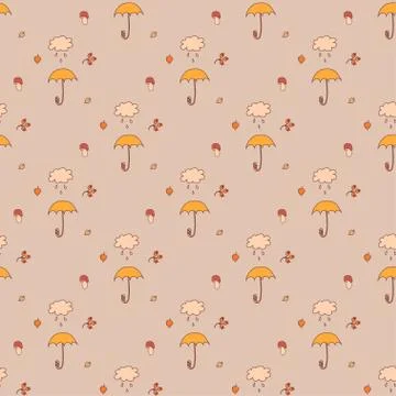 Seamless pattern. Autumn - umbrella, cloud and rain, leaf and berries, mushroom Stock Illustration