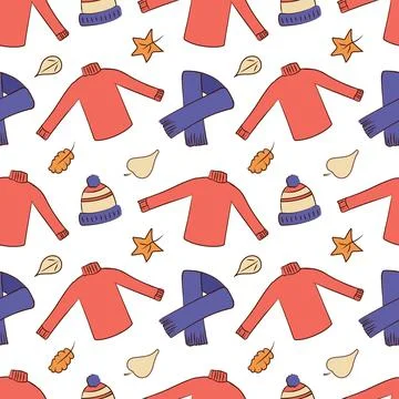 Seamless pattern of autumn warm clothes - hat, scarf and sweater. Autumn le.. Illustrazione stock