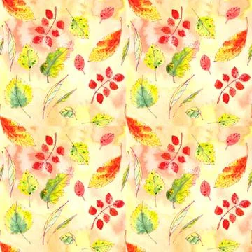 Seamless pattern of autumn yellow, red, orange, green leaves on a textured ye Illustrazione stock