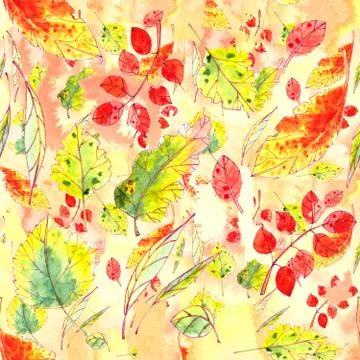 Seamless pattern of autumn yellow, red, orange, green leaves on a textured ye Stock Illustration