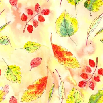 Seamless pattern of autumn yellow, red, orange, green leaves on a textured ye Stock Illustration