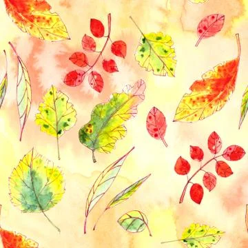 Seamless pattern of autumn yellow, red, orange, green leaves on a textured ye イラスト素材