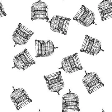 Seamless pattern aviary birdcage sketch hand drawn Stock Illustration