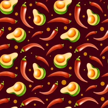 Seamless pattern with an avocado and chili peppers Stock Illustration