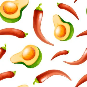 Seamless pattern with an avocado and chili peppers Stock Illustration
