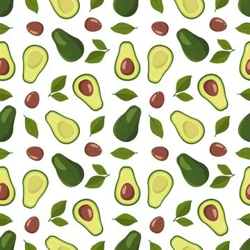 Seamless pattern with avocado and leaves on a white background Stock Illustration