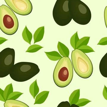 Seamless pattern with avocado and leaves. Vector illustration. Stock Illustration