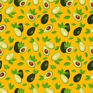 Seamless pattern with avocado and leaves. Vector illustration. Stock Illustration