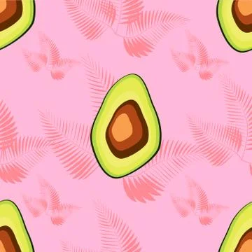Seamless pattern with avocado and tropical leaves. Иллюстрация