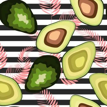 Seamless pattern of avocado fruit with on a striped background. Organic veget Stock Illustration