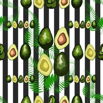Seamless pattern of avocado fruit with on a striped background. Organic veget Illustrazione stock