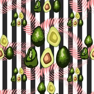 Seamless pattern of avocado fruit with on a striped background. Organic veget Stock Illustration