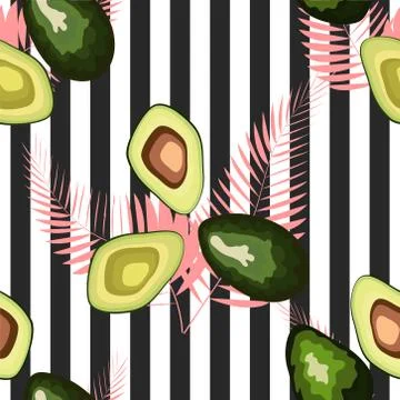 Seamless pattern of avocado fruit with on a striped background. Organic veget Stock Illustration