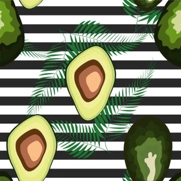 Seamless pattern of avocado fruit with on a striped background. Organic veget Stockillustratie