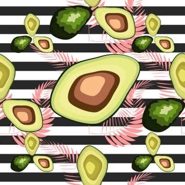 Seamless pattern of avocado fruit with on a striped background. Organic veget Illustrazione stock