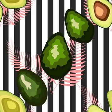 Seamless pattern of avocado fruit with on a striped background. Organic veget 스톡 일러스트