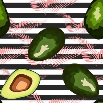 Seamless pattern of avocado fruit with on a striped background. Organic veget Illustrazione stock