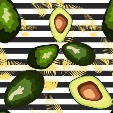 Seamless pattern of avocado fruit with on a striped background. Organic veget 스톡 일러스트