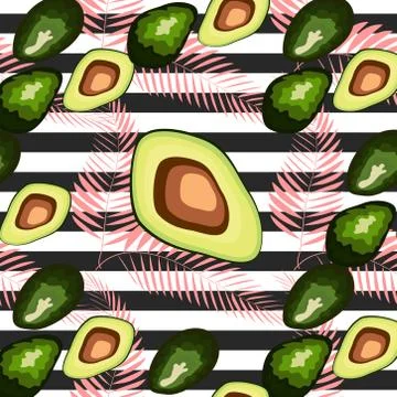 Seamless pattern of avocado fruit with on a striped background. Organic veget Stock-Illustration