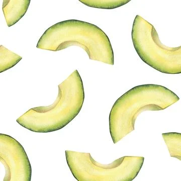 Seamless pattern with avocado half-moon slices. Watercolor illustration iso.. Stock Illustration