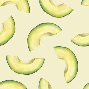 Seamless pattern with avocado half-moon slices. Watercolor illustration iso.. Stock Illustration