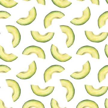 Seamless pattern with avocado half-moon slices. Watercolor illustration iso.. Stock Illustration