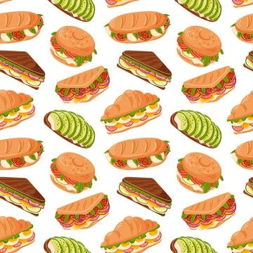 Seamless pattern with avocado toast, sandwiches, bagel, croissant, baguette in Stock Illustration