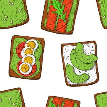 Seamless pattern of avocado toasts. Vector background. Stock Illustration