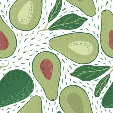 Seamless pattern avocado on white with dashes background. Tropical hand drawn Stock Illustration
