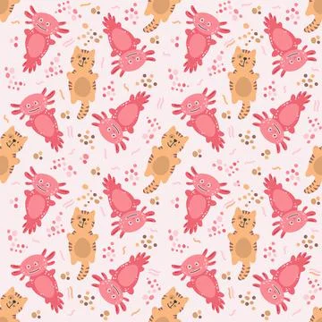 Seamless pattern with axolotl and cat Stock Illustration