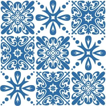 Seamless pattern Azulejo mosaic tile in blue color, traditional ornament for  Ilustración de archivo