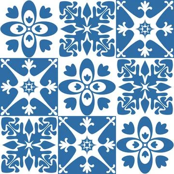 Seamless pattern Azulejo mosaic tile in blue color, traditional ornament for  Illustrazione stock