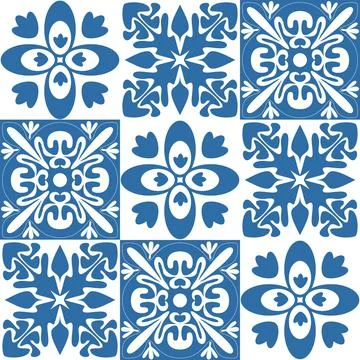Seamless pattern Azulejo mosaic tile in blue color, ornament for wall decorat 스톡 일러스트