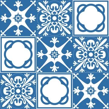 Seamless pattern Azulejo mosaic tile in blue color, traditional ornament for  Illustrazione stock