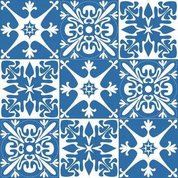 Seamless pattern Azulejo mosaic tile in blue color, traditional ornament for  库存插图