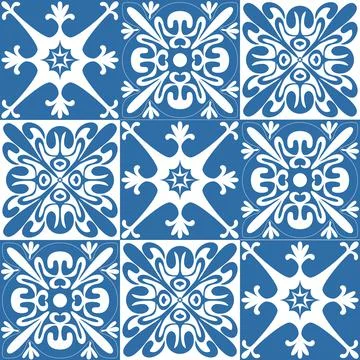 Seamless pattern Azulejo mosaic tile in blue color, traditional ornament for  库存插图