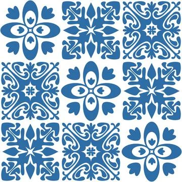 Seamless pattern Azulejo mosaic tile in blue color, traditional ornament for  Illustrazione stock