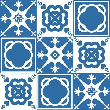 Seamless pattern Azulejo mosaic tile in blue color, traditional ornament for  Illustrazione stock