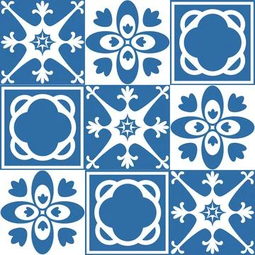 Seamless pattern Azulejo mosaic tile in blue color, traditional ornament for  Illustrazione stock