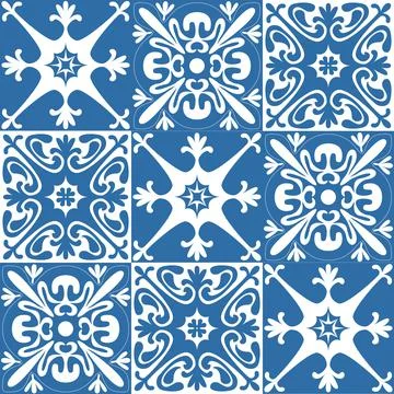 Seamless pattern Azulejo mosaic tile in blue color, traditional ornament for  Stock-Illustration