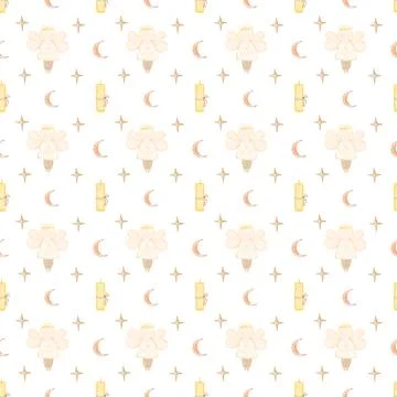 Seamless pattern baby baptism. cute pattern with an angel, a candle, a star and Stock Illustration