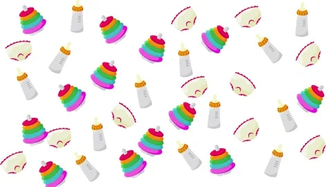 Seamless pattern with baby bottles stacking ring toys and diapers on white Stock Footage 345539169