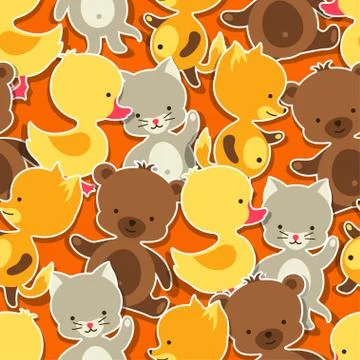 Seamless pattern with baby cat, bear, fox and duck Stock Illustration