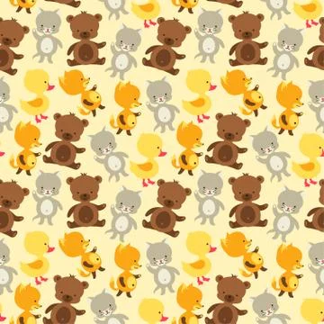 Seamless pattern with baby cat, bear, fox and duck Stock Illustration