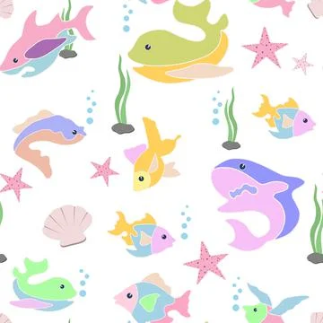 Seamless pattern with baby fish. A repeating pattern with marine life Illustrazione stock