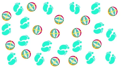 Seamless Pattern with Baby Footprints and Colorful Beach Balls on White Stock Footage 345539182