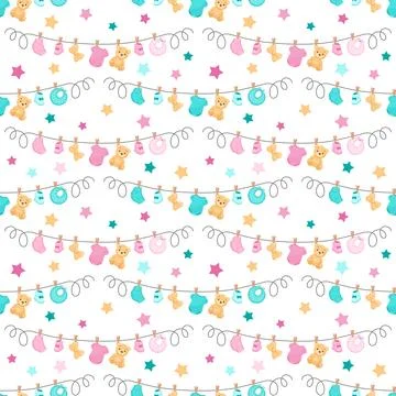 Seamless pattern with baby items like booties, a teddy bear イラスト素材